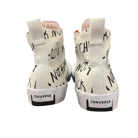 Converse High Top Sneakers Off-White with Black Script and Orange Accents - Picture 7 of 10